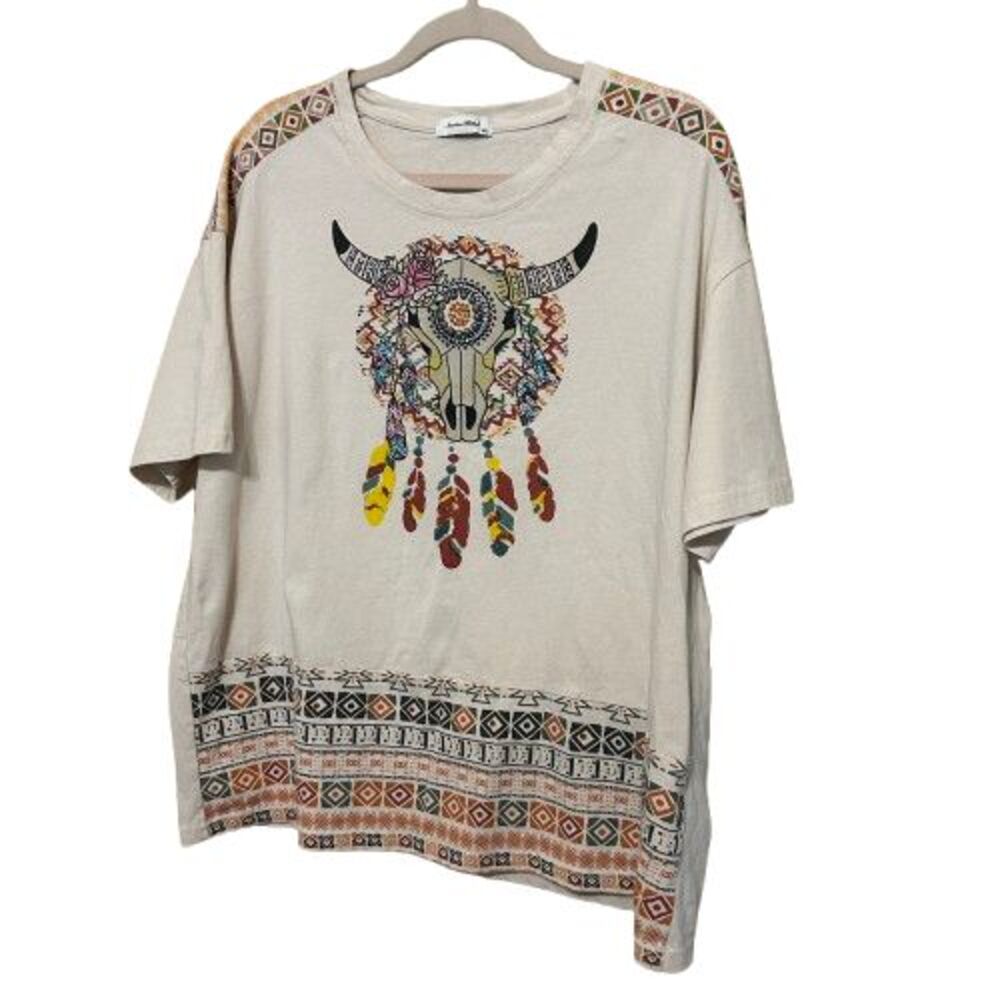 American Bling T-Shirt Women 2XL XXL Cream Embellished Dreamcatcher Southwestern - Picture 2 of 7